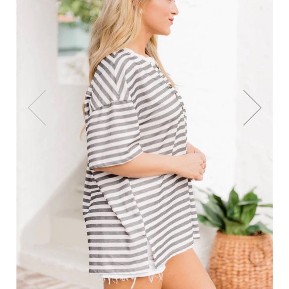 Pink Lily IT CAN HAPPEN CHARCOAL STRIPED HENLEY TEE - Picture 4 of 4